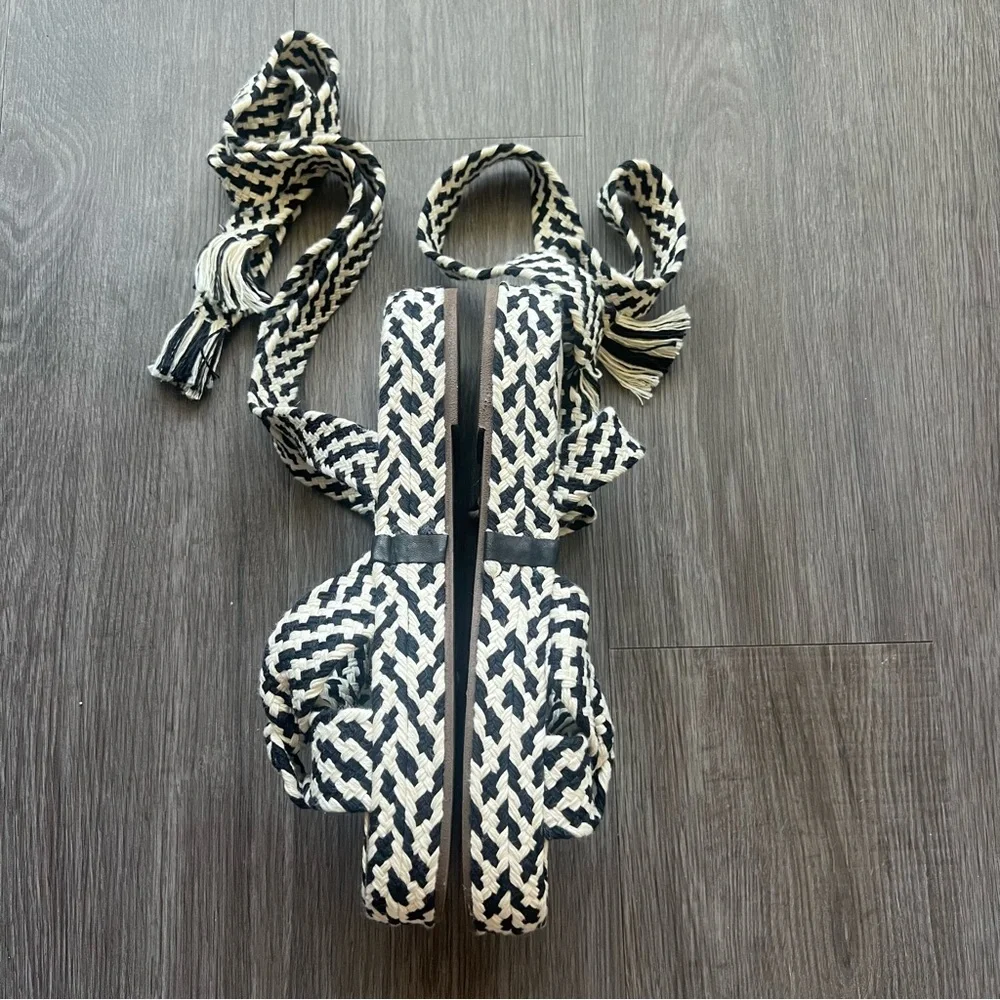 SCHUTZ Joni Platform Woven Black White Tie Sandals Women's Shoe Size 8.5